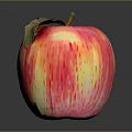 Fresh Red and Yellow Striped Apple with Green Leaf and Stem on Dark Background