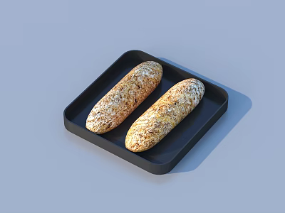 Two Long Shaped Bread Loaves On Black Square Tray With White Powder 3d model