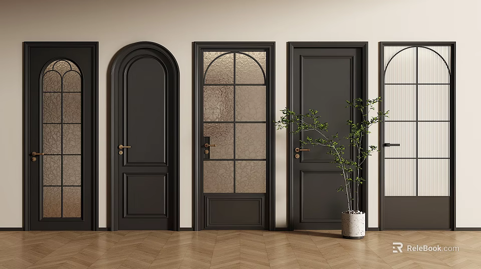 Black Hinged Doors With Glass Panels And Different Designs In Interior Space 3d model 