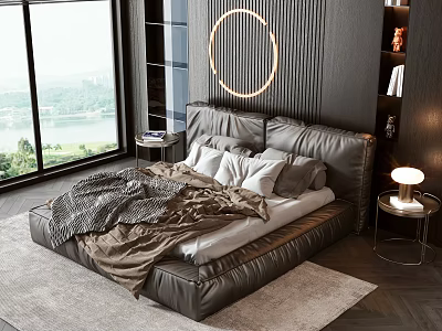 Modern Double Bed With Upholstered Headboard Plush Pillows And Scenic Window View 3d model