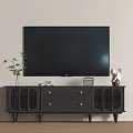 Black TV Stand With Slatted Doors Drawers TV Plant And Decorative Items