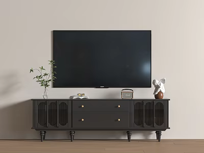 Black TV Stand With Slatted Doors Drawers TV Plant And Decorative Items 3d model