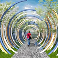 Colorful Curved Arches Garden Landscape With Pedestrian Path Adults Children Walking Green Trees And Grass