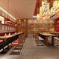 Red Facade Restaurant With Beef Congee Wooden Decor Chandeliers And Glass Windows