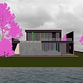 Modern Detached Villa With Large Glass Windows Gray Exterior And Colorful Garden