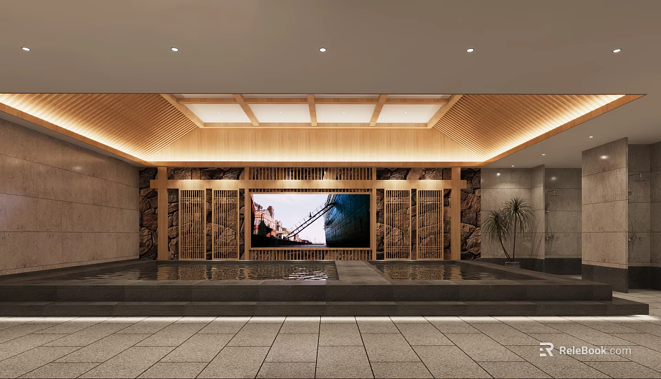 Serene SPA Sauna Interior With Wooden Ceiling Stone Walls And Water Feature 3d model 