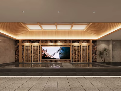 Serene SPA Sauna Interior With Wooden Ceiling Stone Walls And Water Feature 3d model