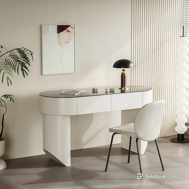 Modern White Desk With Glass Top Black Shade Lamp And White Chair 3d model 