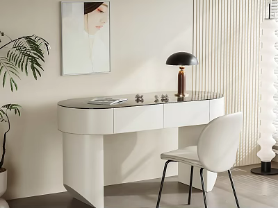 Modern White Desk With Glass Top Black Shade Lamp And White Chair 3d model