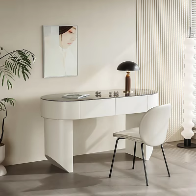 Modern White Desk With Glass Top Black Shade Lamp And White Chair 3d model