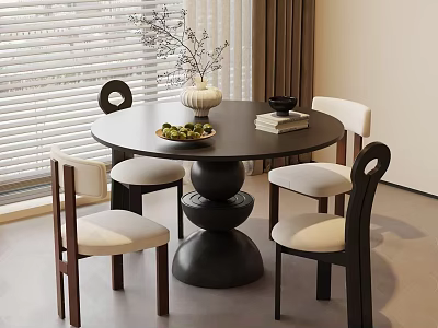 Modern Restaurant Dining Area With Round Black Table Four Wooden Chairs And White Cushions 3d model