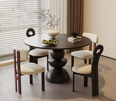 Modern Restaurant Dining Area With Round Black Table Four Wooden Chairs And White Cushions 3d model