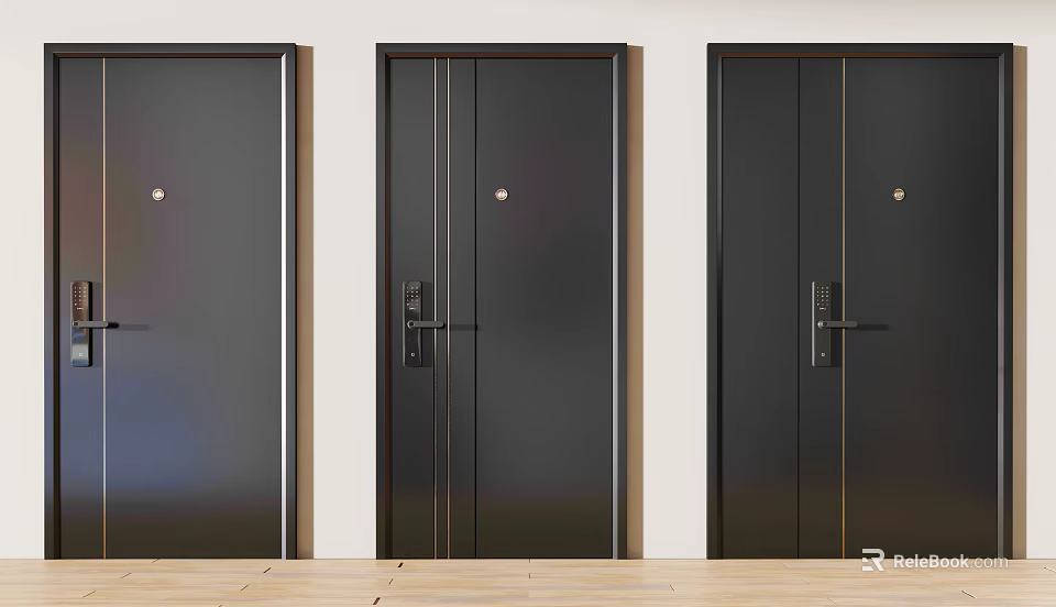 Three Black Modern Security Doors Featuring Sleek Metal Surface And Door Handles 3d model