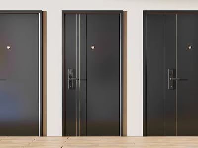 Three Black Modern Security Doors Featuring Sleek Metal Surface And Door Handles 3d model