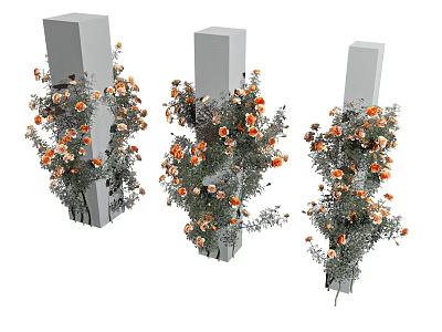 Decorative Orange And White Flowers With Green Leaves Around Gray Pillars 3d model