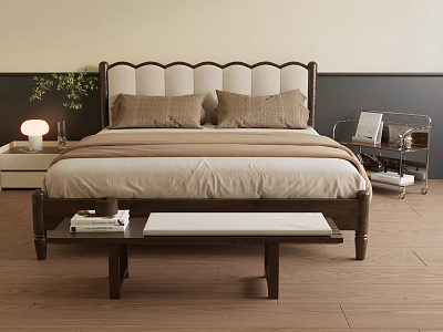 Double Bed With Brown Upholstered Headboard Neutral Bedding Nightstand Lamp And Green Plant In Bedroom 3d model