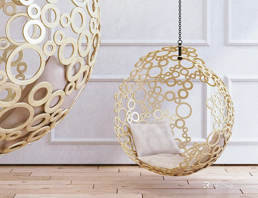 Golden Hanging Chair With Circular Cutout Design And Beige Cushion Against White Wall Wooden Floor 3d model 