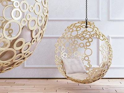 Golden Hanging Chair With Circular Cutout Design And Beige Cushion Against White Wall Wooden Floor 3d model