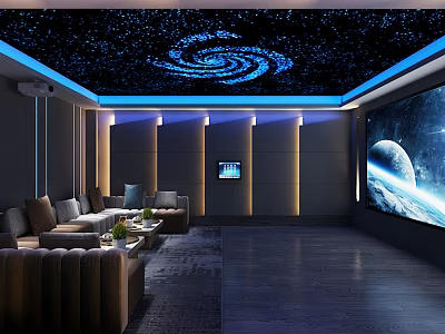 Modern Spiral Starry Home Theater Interior With Large Screen And Comfortable Seating 3d model