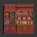 Red Retail Display Shelf With Multiple Layers And Canned Goods Stacked Boxes