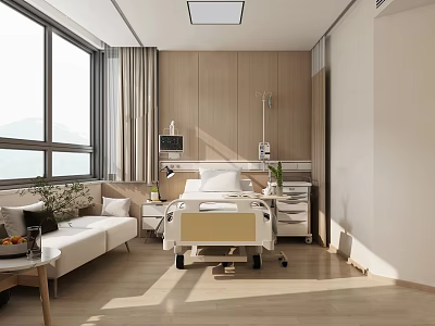 Hospital Outpatient Room With Comfortable Bed Sofa Medical Equipment Natural Light And Wooden Walls 3d model