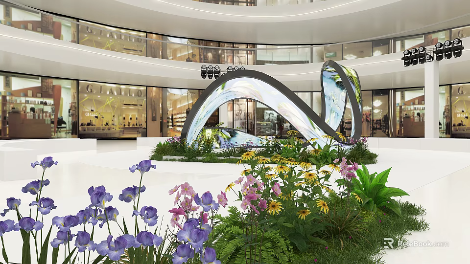 Modern Indoor Floral Installation In Mall Atrium With Curved Arch Colorful Flowers And Lush Greenery 3d model 