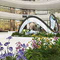 Modern Indoor Floral Installation In Mall Atrium With Curved Arch Colorful Flowers And Lush Greenery