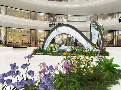 Modern Indoor Floral Installation In Mall Atrium With Curved Arch Colorful Flowers And Lush Greenery 3d model