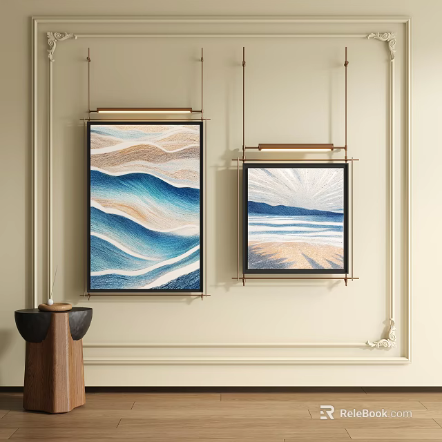 Two Abstract Paintings Featuring Blue Beige Waves And Sunlight Rays In Modern Interior Wall Art 3d model