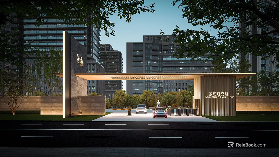 Modern Entrance Gate With High Rise Buildings Trees Cars And Lighting 3d model 