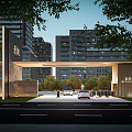 Modern Entrance Gate With High Rise Buildings Trees Cars And Lighting