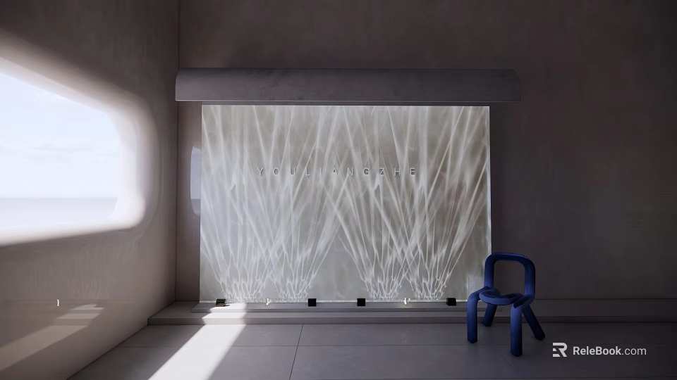 Contemporary Decorative Lighting with Linear Light Effects on Translucent Panel and Blue Chair 3d model 