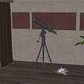 Professional Commercial Telescope Equipment with Tripod Stand in Room with Wooden Floor and Brown Panels