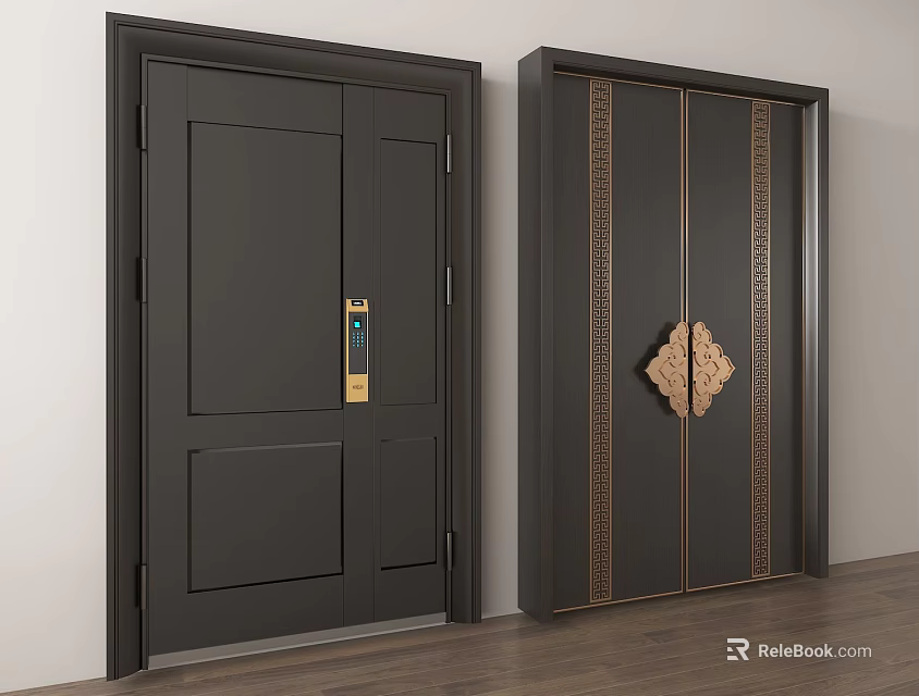 Elegant Black Security Doors Featuring Gold Lock And Ornate Decorative Patterns Design 3d model
