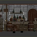 Cozy Cartoon Tavern Interior Scene With Stone Walls Wooden Shelves Barrels Stools And Counter