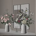 Two White Vases With Fresh Flowers Pink Roses White Blooms On Shelf Against Beige Wall