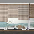 Natural Bamboo Blinds On Window With Plants Tea Set And Scenic View