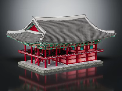 Ancient Traditional Building With Gray Tiled Roof Red Pillars Green Decorations And Stone Platform Base 3d model