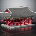 Ancient Traditional Building With Gray Tiled Roof Red Pillars Green Decorations And Stone Platform Base