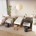 Relaxing Massage Beds In Modern Spa Room With Wooden Stools Green Plants And Hanging Lamp