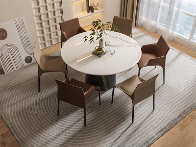 Round White Dining Table With Brown And Beige Chairs Green Plant Fruits On Striped Rug 3d model