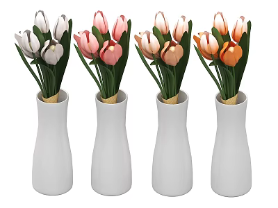 White Ceramic Vases Holding Colorful Tulips in Pink White and Orange Shades 3d model