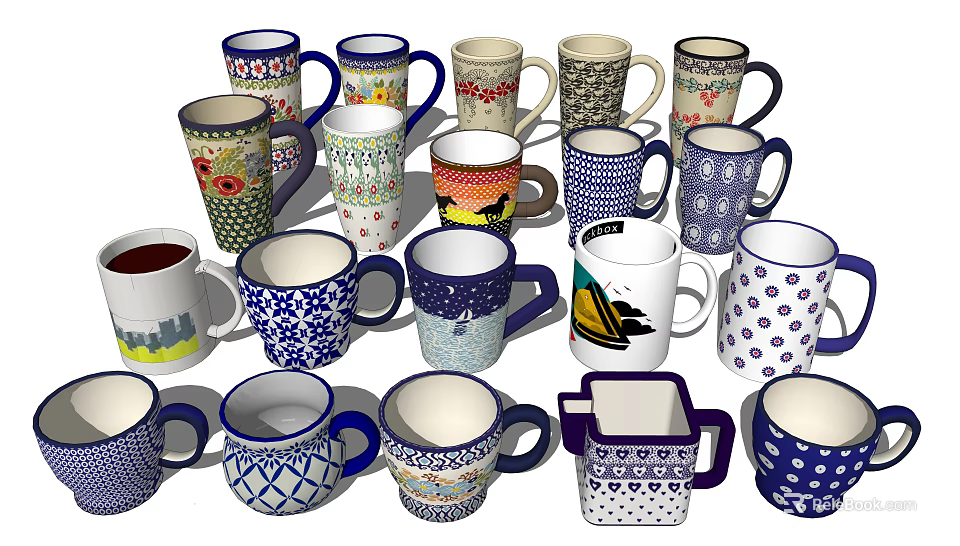 Various Colorful Ceramic Mugs with Diverse Patterns and Unique Designs 3d model 