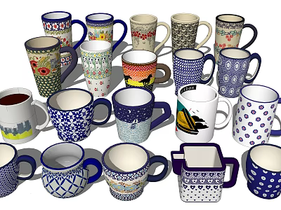 Various Colorful Ceramic Mugs with Diverse Patterns and Unique Designs 3d model