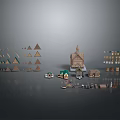 Geometric Shapes And Miniature Building Models Arranged On Gray Background With Reflections 3d model