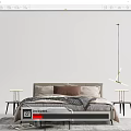 Modern Double Bed Interior With Gray Frame Soft Pillows Blanket Nightstands Stool And Table Lamps 3d model