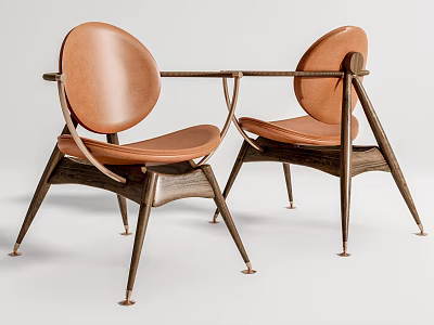 Two Brown Leather Leisure Chairs With Modern Wooden Frame And Metal Legs 3d model