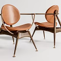 Two Brown Leather Leisure Chairs With Modern Wooden Frame And Metal Legs