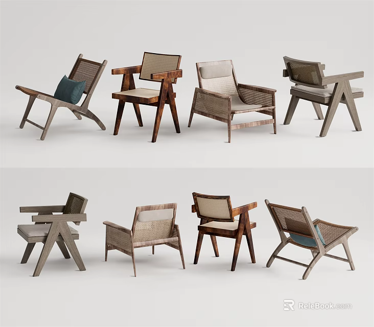 Stylish Leisure Chairs With Wooden Frames And Woven Seats In Modern Designs 3d model 
