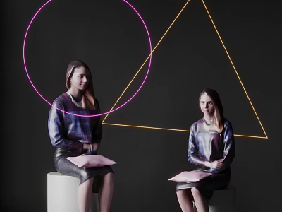Two Women Sitting on Stools with Pink Circle and Yellow Triangle in Background 3d model
